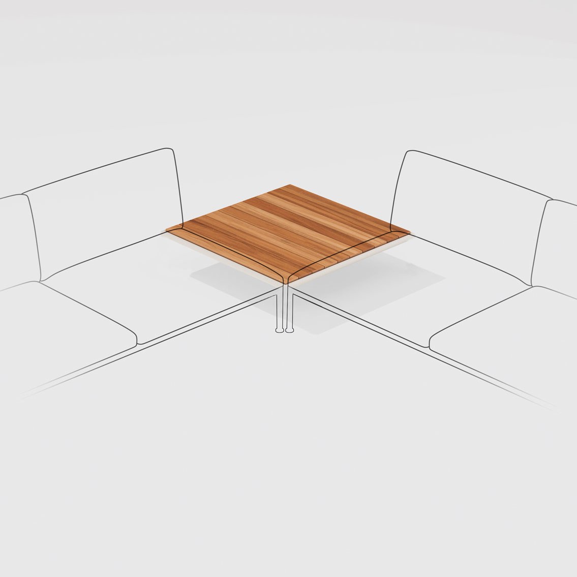Roè | Tavolo basso quadrato angolare (destra o sinistra) con piano in Teak e una gamba
